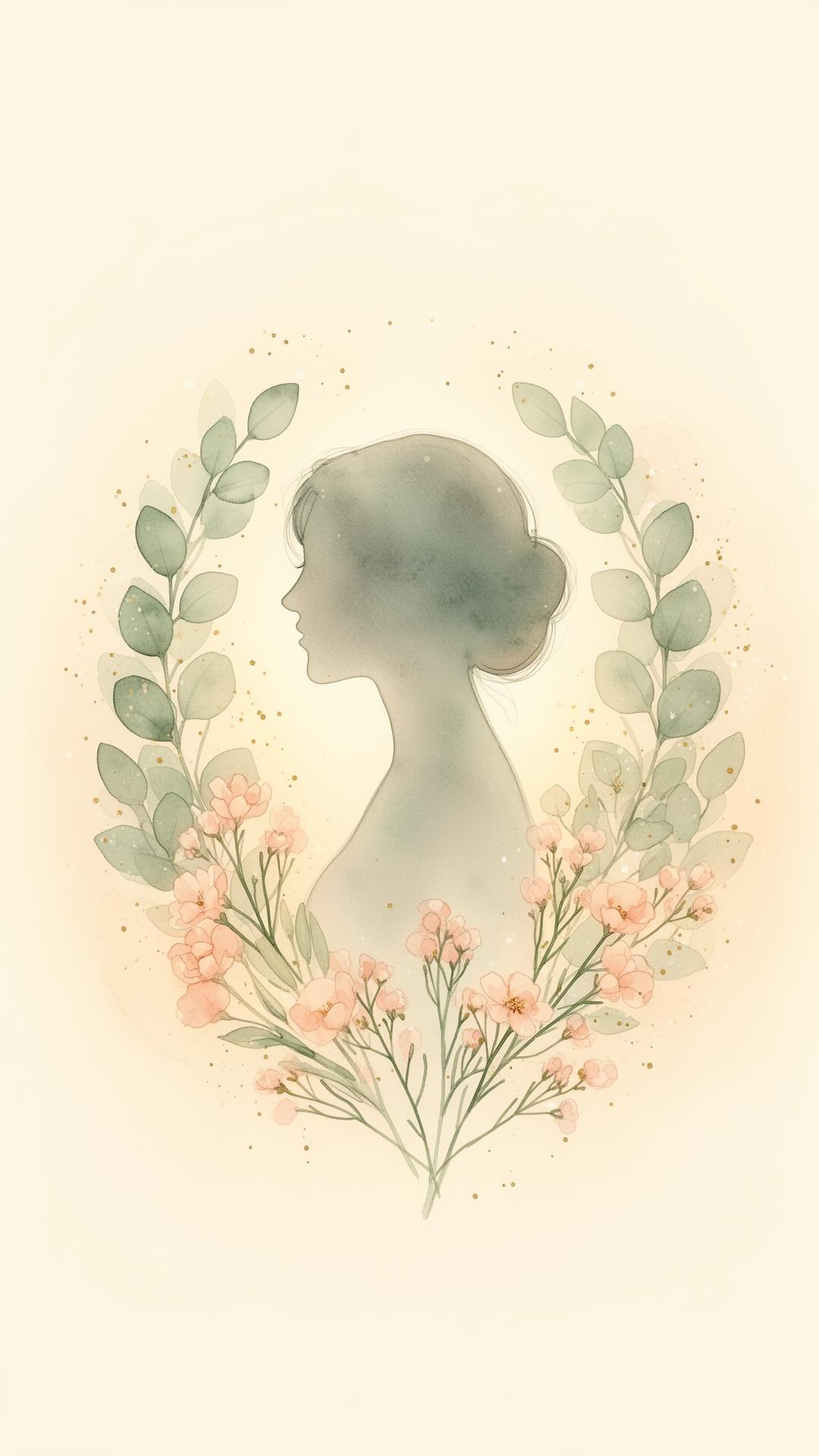 Soft watercolor of a woman surrounded by sage leaves and blush blossoms